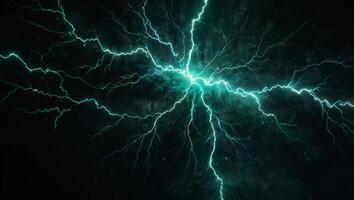 Fantasy green lightning, abstract electrical background ,Teal abstract lightning on black. photo