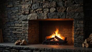 Fireplace on wild stone cladding wall background, rustic interior design. photo