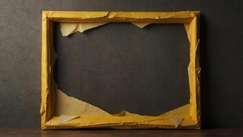 Folded, ripped and torn yellow paper frame, empty space for message, paper border mock up. photo
