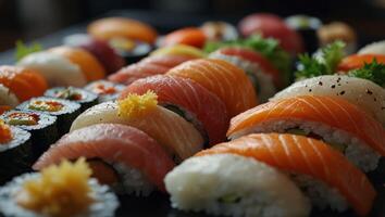 Food - Japanese Assorted Sushi and Sashimi displayed in catering area, Japanese style sushi buffet, sushi bar background. photo