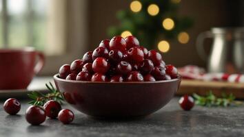 Fresh red washed cranberries in bowl on blurred kitchen background, close up with copy space, Christmas atmosphere concept. photo