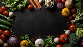 Food background with various organic farm vegetables on dark rustic table with kitchen utensils, herbs and spices, top view Frame Copy space Vegan and vegetarian food concept. photo