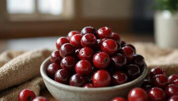 Fresh red washed cranberries in bowl on blurred kitchen background, close up with copy space, Christmas atmosphere concept. photo