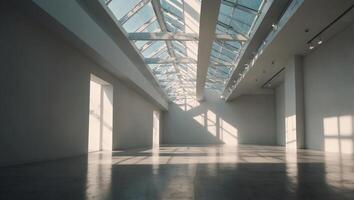 Futuristic empty museum displaying room with bright light cast the shadow on skylight, streamline white interior facade, abstract geometric design background. photo