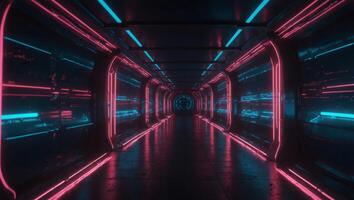 Futuristic abstract flight in retro neon hyper warp space in the tunnel blue and pink background. photo