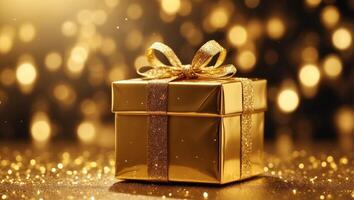 Golden Gift Box On Glitter In Abstract Background With Defocused Lights. photo