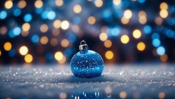 Glowing in the dark defocused glitter texture with blue bokeh lights and snow Christmas and winter holidays background. photo