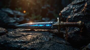 Glowing sword on dark rough rock backgrounds, game scene or fantasy scene of adventure, power, treasure finding, Halloween, dungeon, secret weapon. photo