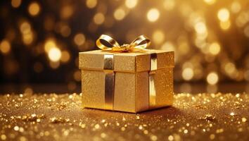 Golden Gift Box On Glitter In Abstract Background With Defocused Lights. photo