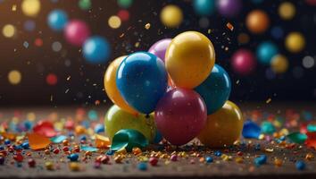 Happy new year festival celebrating atmosphere with multicolored balloons and confetti background, with copy space, happiness and joyful holiday event banner. photo