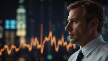 A businessman in the background of the city with graphs of the growth of the financial performance of the stock market and the stock exchange. photo