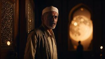 A man stands in front of a moon in a dark mosque door. photo