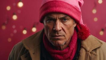 A thief in a red hat, stole someone else's Christmas gifts Angry character, negative human emotions Pink background, copy space. photo