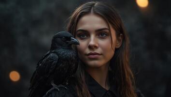 A pretty young witch with crow on her shoulder smiling with conspiracy on dark smoky background with copy space. photo