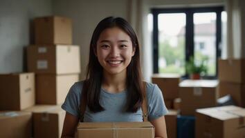 Asian girl new college student smiling for just finish moving, indoor mess with many packages moving boxes for move in new apartment Happy girl in condo house. photo