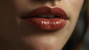 Close up view of beautiful woman glossy lips and smooth skin, macro shot of a beauty's bottom face. photo