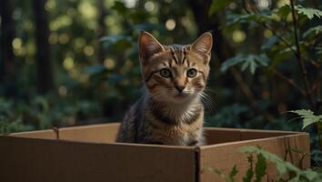Abandoned kitten cat watching alertly to outside from a paper box underbrush, concept of animal protection. photo