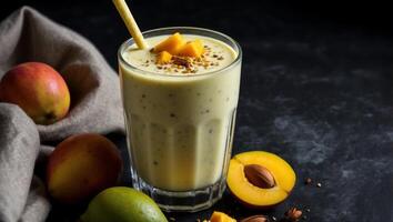 Indian traditional cold mango lassi or smoothies on black background, top view with copy space Healthy lassi made of yogurt, water, spices, fruits and ice. photo