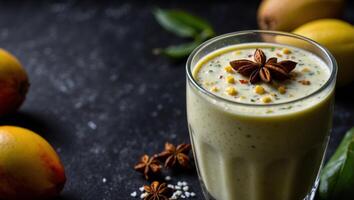 Indian traditional cold mango lassi or smoothies on black background, top view with copy space Healthy lassi made of yogurt, water, spices, fruits and ice. photo