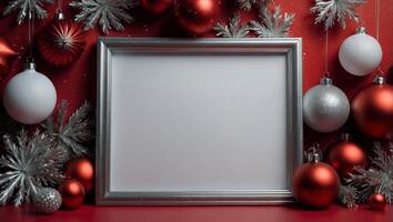 Red festive background with white frame and silver holiday decor. photo