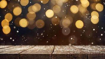 Shiny luxury bokeh christmas festival background, blur glitter snow winter backdrop with empty wooden table top for product display,. photo