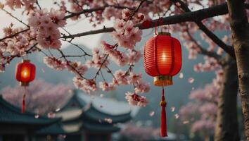 Several lanterns hanging from a cherry blossom tree with red flowers Background image for Chinese New Year celebrations. photo