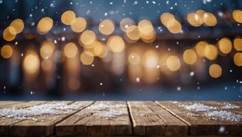 Shiny luxury bokeh christmas festival background, blur glitter snow winter backdrop with empty wooden table top for product display,. photo