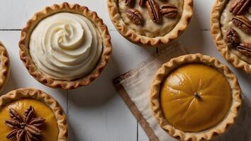 Selection of homemade autumn pies Pumpkin, apple and pecan Above view corner border on a white wood background with copy space. photo