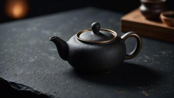 Traditional Japanese teapot for brewing tea On a black stone background Top view Free space for text. photo