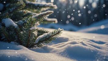 Winter christmas background with copy space, bokeh, snowflakes Snowy landscape with fir branches Blue toning. photo