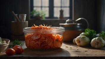 kimchi fermenting in a traditional crock. photo