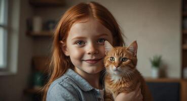 Happy toddler girl hugging her beautiful redhead cat at home with copy space Love to the animal. photo