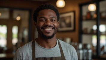 Handsome and confident African American cafe shop owner standing at doorway smiling, with copy space. photo