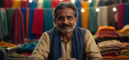 Indian cloth market - Happy cloth merchant or shopkeeper sitting at counter looking at camera. photo