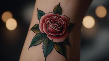 Traditional tattoo flowers old school tattoo style ink roses on hand and diamond. photo