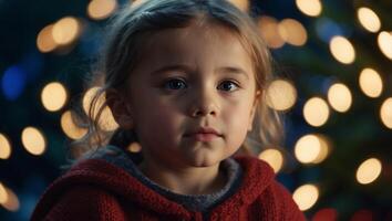 little girl with christmas lights looks at the camera. photo