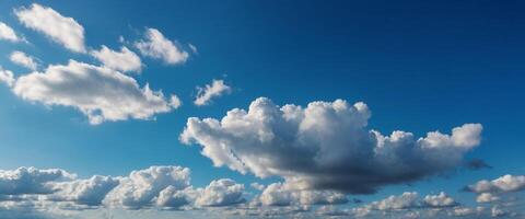A clear blue sky with a few wisps of white clouds scattered across The vibrant blue color of the sky creates a serene and peaceful atmosphere Nature's beauty background. photo
