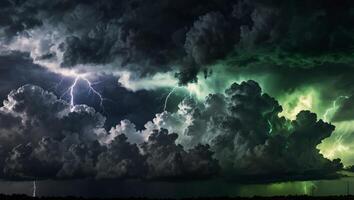 A conceptual image of white clouds and green lightning, representing renewable energy from storm power. photo