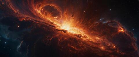 A blazing inferno amidst the vast expanse of the universe, as a fiery nebula consumes all in its path, displaying the raw power and beauty of nature in outer space. photo