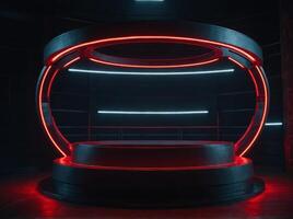A circular platform podium with red neon light on dark background. photo