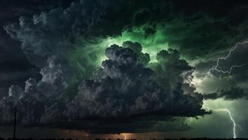 A conceptual image of white clouds and green lightning, representing renewable energy from storm power. photo