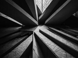 A photo capturing the stark beauty of a geometric design with sharp angles and intersecting lines in high contrast black and white.