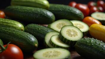 A group of cucumbers, along with various other fresh vegetables, neatly arranged on a table. photo
