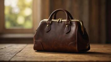 A brown purse placed on top of a wooden table. photo