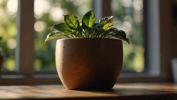 A plant pot on the table where the sunlight. photo