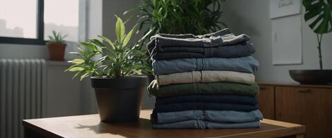 A rack filled with neatly folded clothes placed next to a green potted plant. photo
