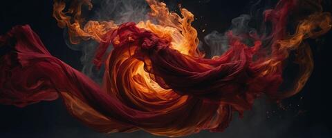 A swirling masterpiece of fiery passion, captured on canvas with a crimson fabric and billowing wisps of smoke, evoking the raw power and beauty of artistic expression. photo