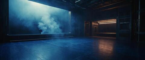 Abstract technology background, Empty dark blue floor, studio room with smoke floating up the interior texture, wall background, laser light, digital future technology, artificial intelligence. photo