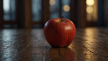 An apple resting on a textured wooden floor. photo