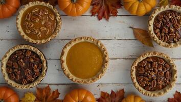 Assorted homemade fall pies Pumpkin, apple and pecan Above view double border on a white wood background with copy space. photo